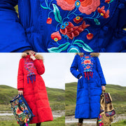 Fine plus size womens parka embroidery overcoat blue hooded goose Down coat - SooLinen