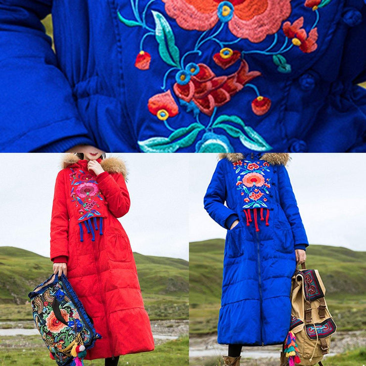 Fine plus size womens parka embroidery overcoat blue hooded goose Down coat - SooLinen