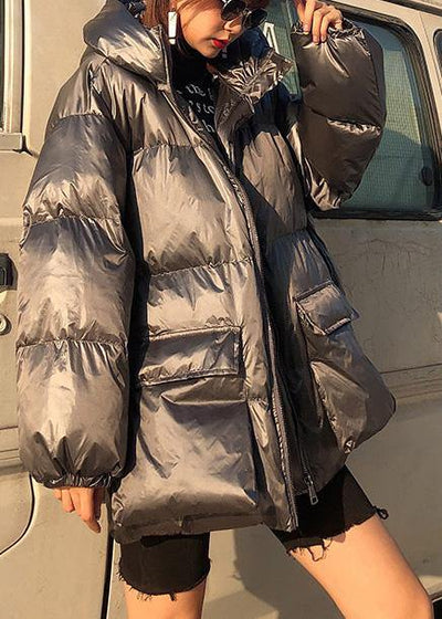 Fine silver gray down coat winter plus size womens parka hooded zippered Fine winter outwear - SooLinen