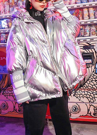 Fine silver gray print women parka oversize down jacket hooded zippered overcoat - SooLinen