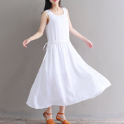 Fine white pure cotton linen dress oversize casual dress boutique Sleeveless O neck drawstring cotton linen dress