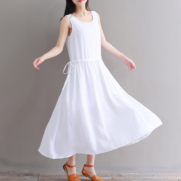 Fine white pure cotton linen dress oversize casual dress boutique Sleeveless O neck drawstring cotton linen dress