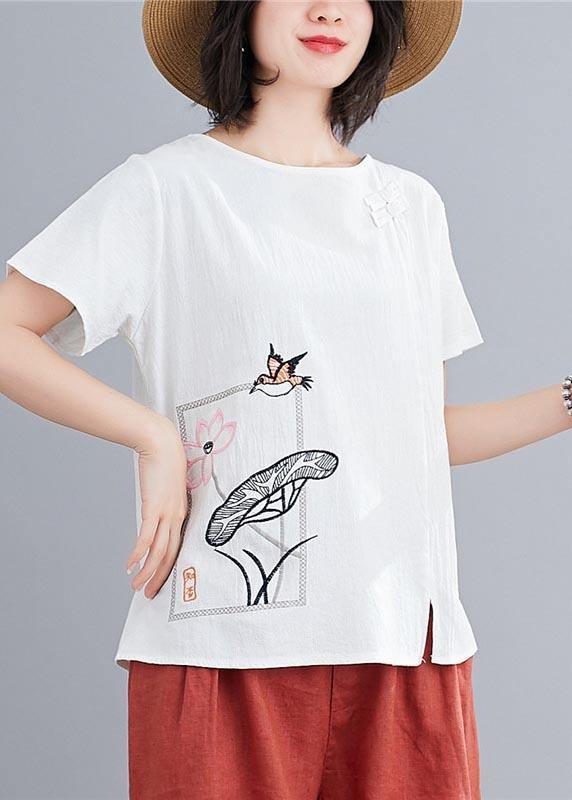 Fitted  White Embroideried Lotus Blouse Tops Summer Cotton Linen - SooLinen