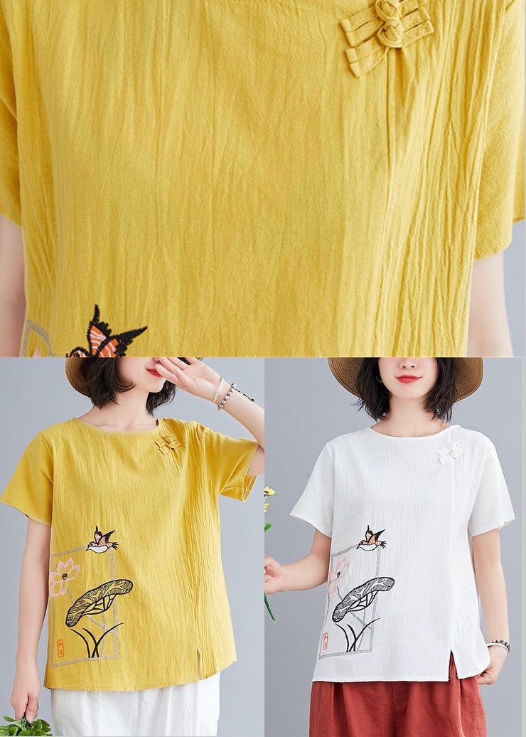 Fitted  White Embroideried Lotus Blouse Tops Summer Cotton Linen - SooLinen