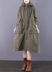 Taillierte Army Green Reißverschlusstaschen Baumwoll-Trenchcoats Spring