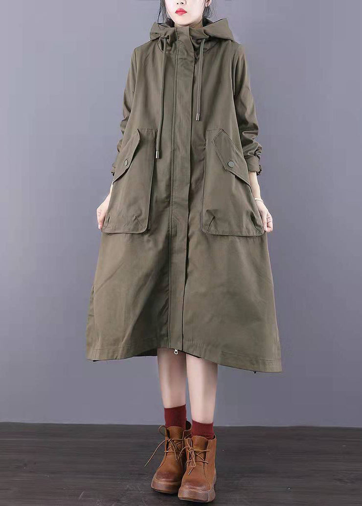 Taillierte Army Green Reißverschlusstaschen Baumwoll-Trenchcoats Spring