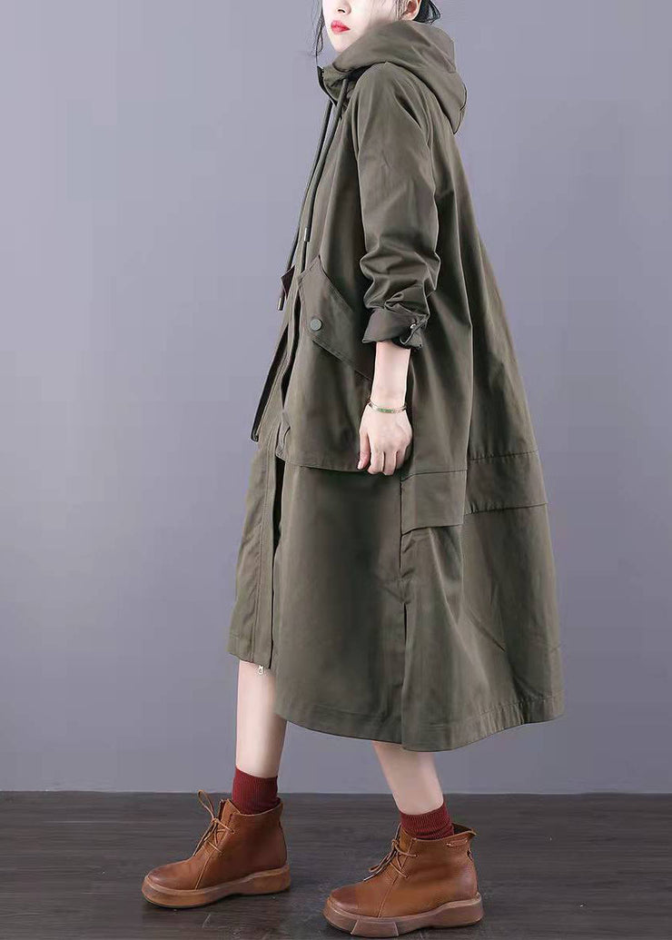 Taillierte Army Green Reißverschlusstaschen Baumwoll-Trenchcoats Spring