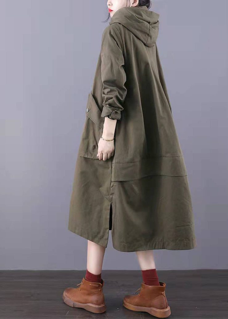 Taillierte Army Green Reißverschlusstaschen Baumwoll-Trenchcoats Spring