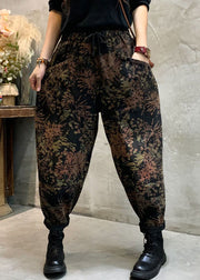 Fitted Black Cinched fashion Print denim Pants Winter