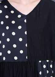 Fitted Black Patchwork Dot V Neck Silk Ankle Dress Summer - SooLinen
