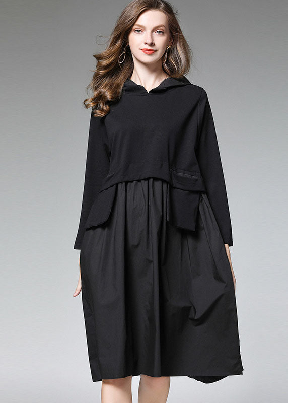 Fitted Black Pockets Long Sleeve Fall Dress