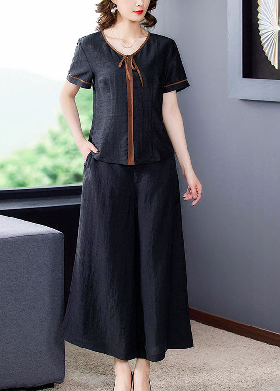 Fitted Black V Neck Patchwork 2025 Silk Two Pieces Set Summer