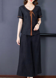 Fitted Black V Neck Patchwork 2025 Silk Two Pieces Set Summer