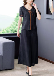 Fitted Black V Neck Patchwork 2025 Silk Two Pieces Set Summer