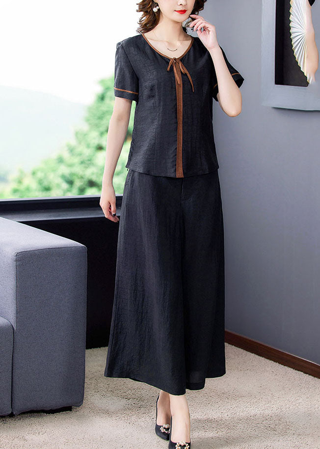 Fitted Black V Neck Patchwork 2025 Silk Two Pieces Set Summer