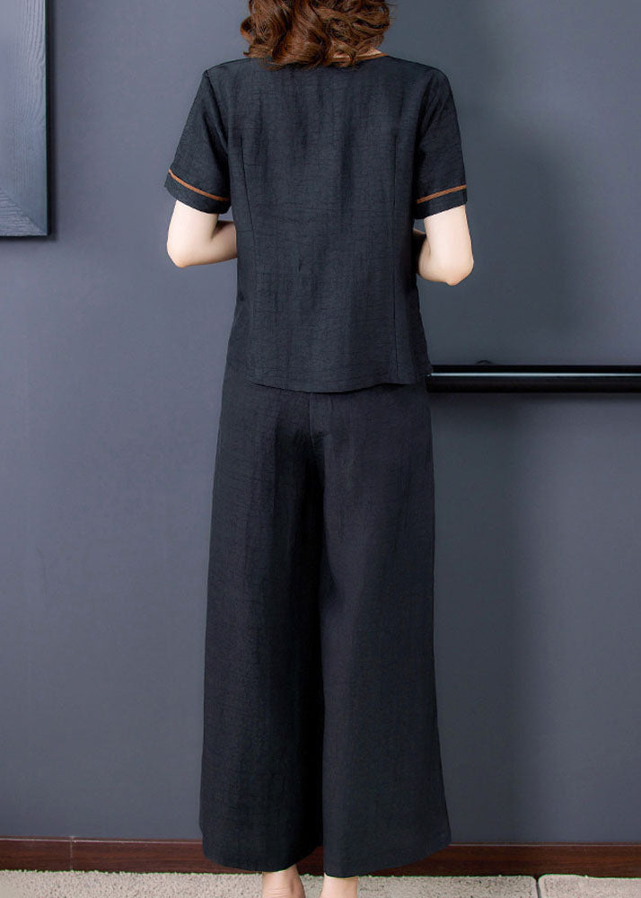 Fitted Black V Neck Patchwork 2025 Silk Two Pieces Set Summer