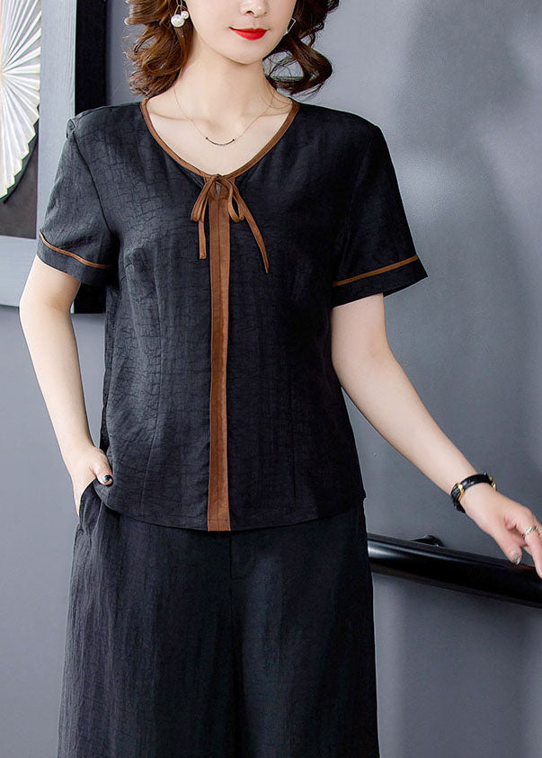 Fitted Black V Neck Patchwork 2025 Silk Two Pieces Set Summer