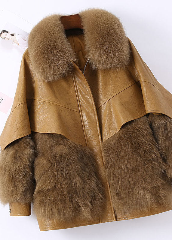 Ausgestattet Khaki Reißverschluss Fuchspelz Patchwork Leder Pufferjacke Winter