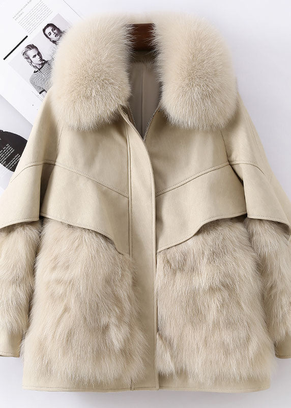 Ausgestattet Khaki Reißverschluss Fuchspelz Patchwork Leder Pufferjacke Winter