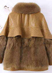 Ausgestattet Khaki Reißverschluss Fuchspelz Patchwork Leder Pufferjacke Winter