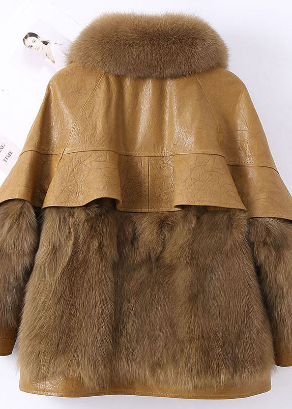 Ausgestattet Khaki Reißverschluss Fuchspelz Patchwork Leder Pufferjacke Winter