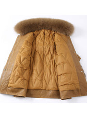 Ausgestattet Khaki Reißverschluss Fuchspelz Patchwork Leder Pufferjacke Winter
