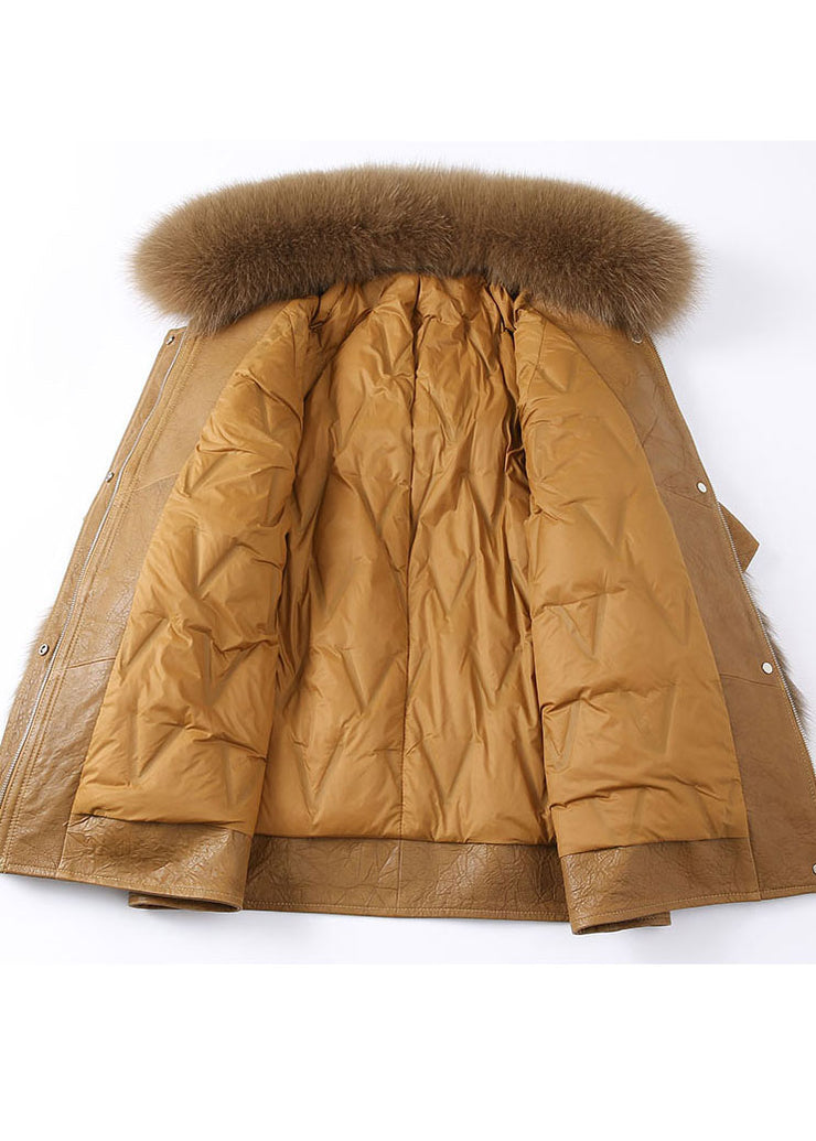 Ausgestattet Khaki Reißverschluss Fuchspelz Patchwork Leder Pufferjacke Winter