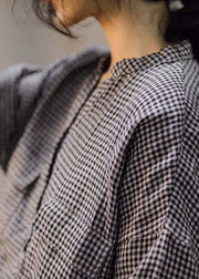 Fitted Large lattice V Neck Button Loose Linen Shirt Spring