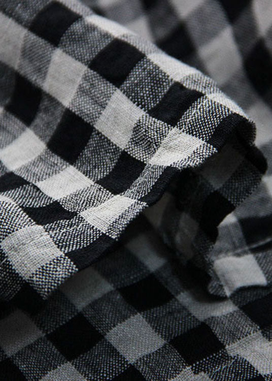Fitted Large lattice V Neck Button Loose Linen Shirt Spring