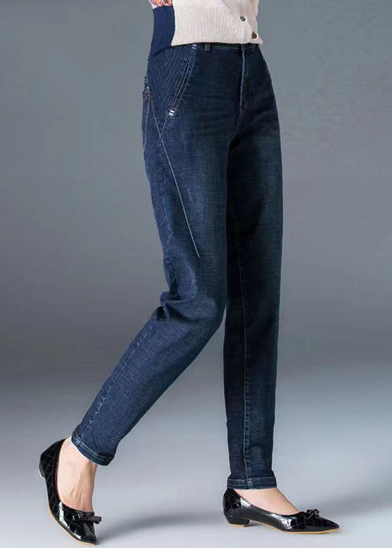 Fitted Navy High Waist Pockets Solid Color Cotton Denim Pants Fall