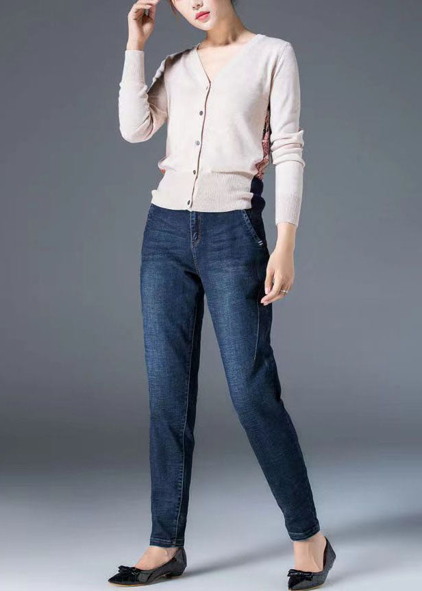 Fitted Navy High Waist Pockets Solid Color Cotton Denim Pants Fall
