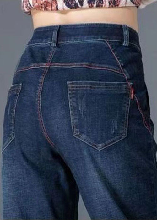 Fitted Navy High Waist Pockets Solid Color Cotton Denim Pants Fall