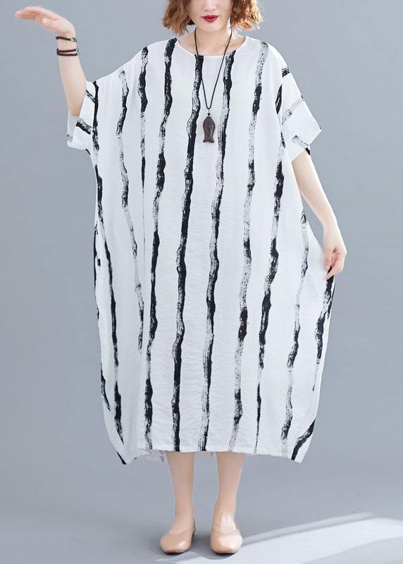 Fitted White O-Neck Striped Summer Robe Dresses - SooLinen