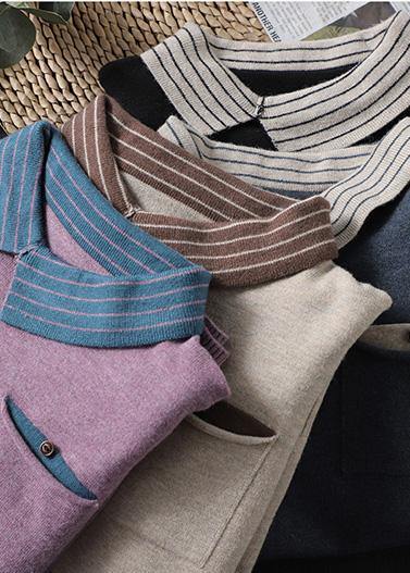 For Spring  Black Knit Tops Clothing Lapel Patchwork Sweater Tops - SooLinen