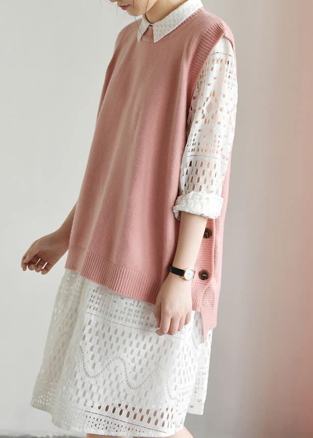 For Spring pink clothes plus size o neck knit tops low high design - SooLinen