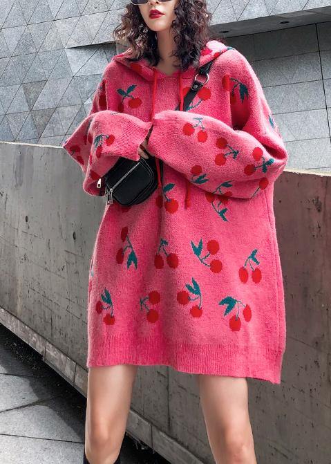 For Spring pink print Sweater weather fashion drawstring hooded knitted tops - SooLinen