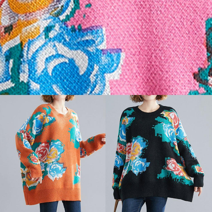 For Spring pink print sweaters plus size o neck knit top silhouette - SooLinen