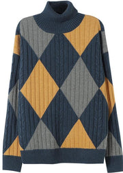 For Work Gray Blue Plaid Sweater Tops High Neck Oversized Sweaters - SooLinen