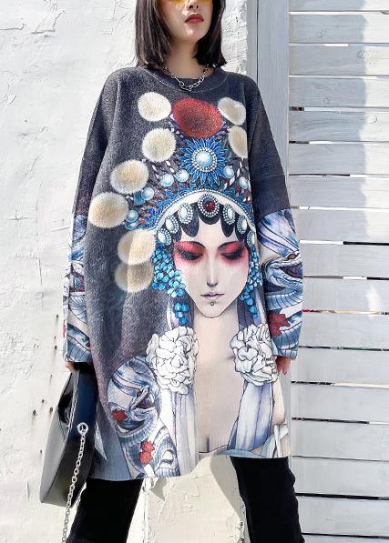 For Work Peking Opera Face Clothes O Neck Trendy Plus Size Knit Sweat Tops - SooLinen