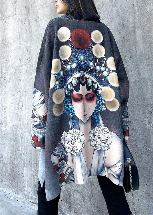 For Work Peking Opera Face Clothes O Neck Trendy Plus Size Knit Sweat Tops - SooLinen