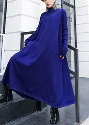 For Work blue Sweater dress Design high neck large hem Art fall knit dress - SooLinen
