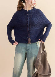 For Work dark blue Loose fitting fall knitwear o neck Button Down tops - SooLinen