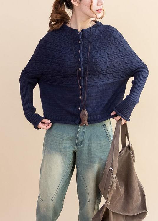 For Work dark blue Loose fitting fall knitwear o neck Button Down tops - SooLinen
