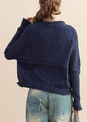 For Work dark blue Loose fitting fall knitwear o neck Button Down tops - SooLinen
