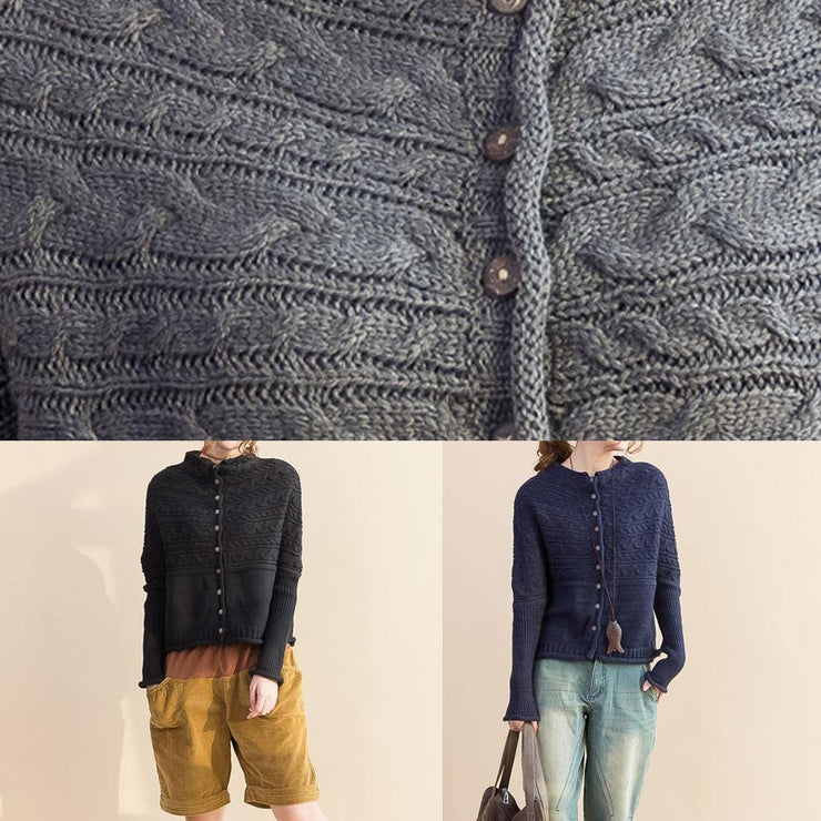 For Work dark blue Loose fitting fall knitwear o neck Button Down tops - SooLinen