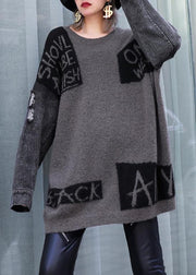 For Work gray chocolate patchwork knitted clothes plus size o neck Hole knitwear - SooLinen