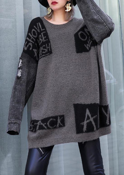 For Work gray chocolate patchwork knitted clothes plus size o neck Hole knitwear - SooLinen
