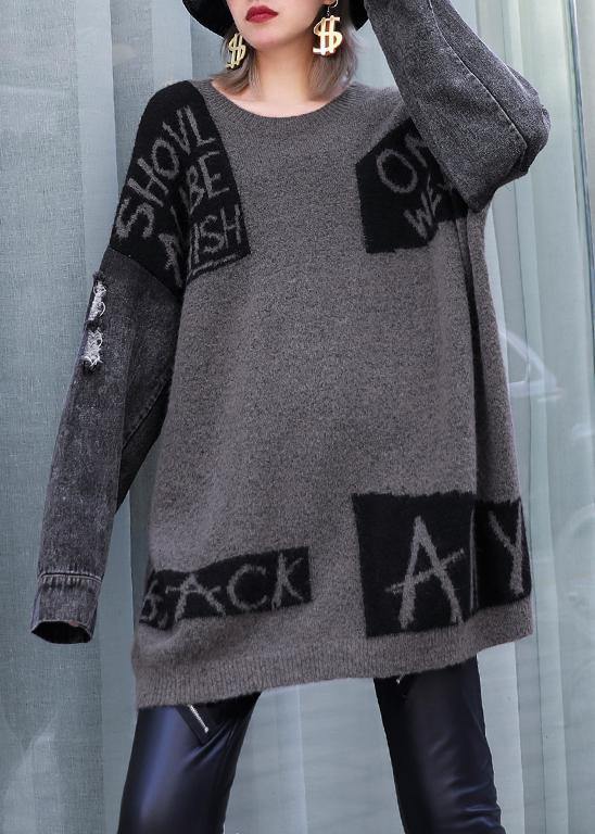 For Work gray chocolate patchwork knitted clothes plus size o neck Hole knitwear - SooLinen