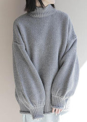 For Work gray knitwear plus size clothing high neck lantern sleeve knitted t shirt - SooLinen