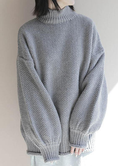 For Work gray knitwear plus size clothing high neck lantern sleeve knitted t shirt - SooLinen